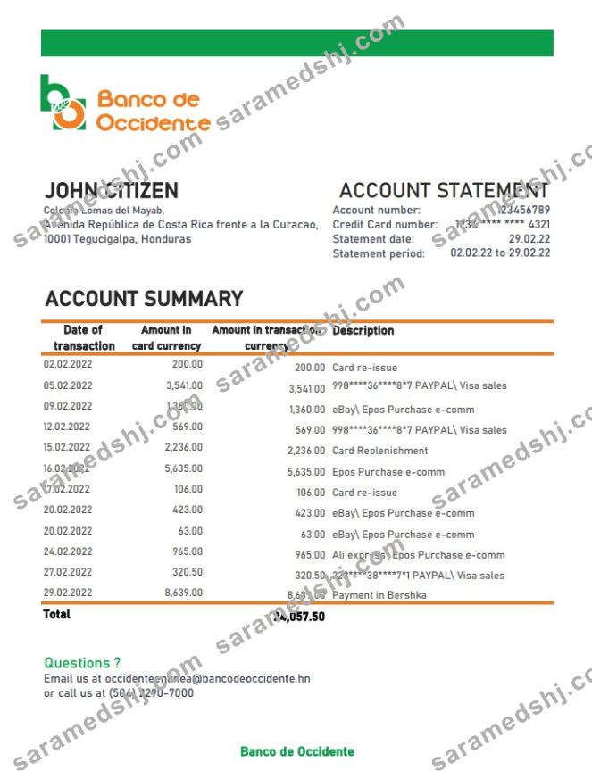 Honduras Banco de Occidente statement
